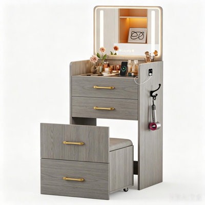 Ensemble de mini-coiffeuse 3 en 1 avec miroir lumineux à DEL et station de charge USB, tabouret de rangement dissimulé, petite coiffeuse pour chambre à coucher, appartement, dortoir, noir