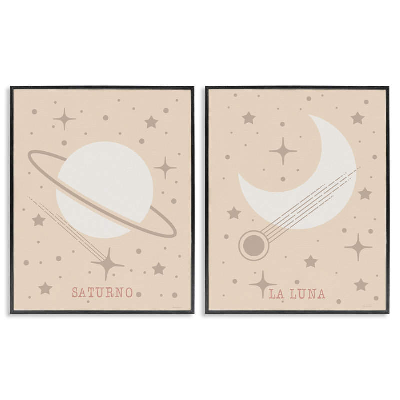 Minimal Saturn & Moon, ensemble de 2 giclées encadrées, design par Daniela Santiago, Giclée encadrée noir minuit
