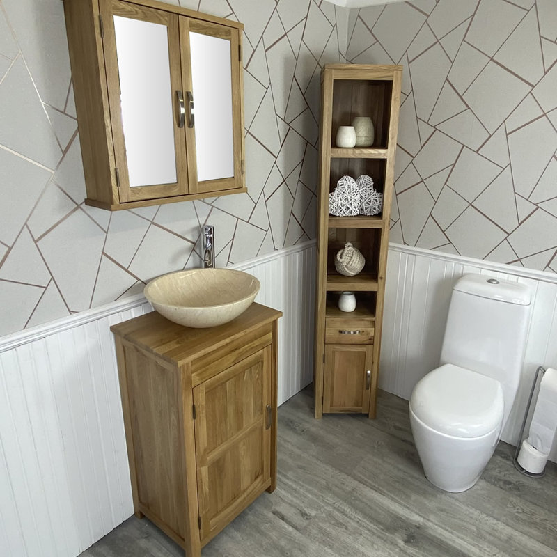 Marshburn 485 mm Freestanding Cloakroom Vanity with Vessel Stone Basin, Cream, Oak
