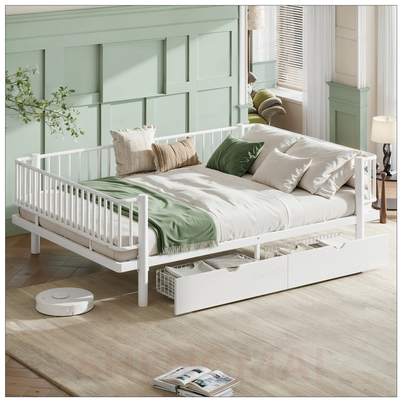 Grand lit plateforme avec tiroirs de rangement, structure en métal, sécurité améliorée, conception à profil bas pour chambres à coucher modernes