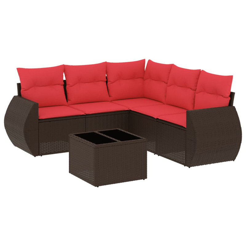 Ensemble de canapé de patio 6 pièces avec coussins en rotin de polyester, Rouge, Brun