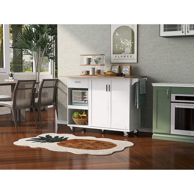 Îlot de cuisine polyvalent avec comptoir pliable, chariot de rangement, tablette coulissante, porte-serviettes et roulettes pour plusieurs pièces