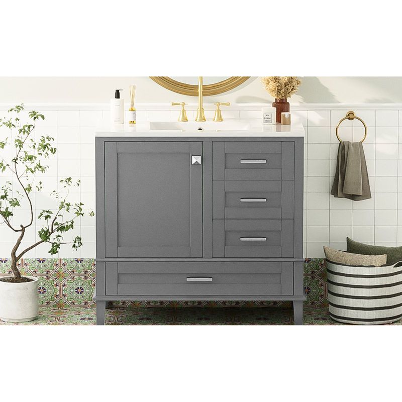 Meuble-lavabo gris 36 po - Fabrication en pin massif, 3 tiroirs, porte à fermeture douce, lavabo en céramique, lavabo, porte pour espaces élégants