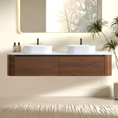 Meuble-lavabo 72 po avec lavabo, armoire murale en noyer avec porte-serviettes gratuit, conception de deux lavabos en céramique rayés ovales blancs, sans drain et robinet, pré-assemblé