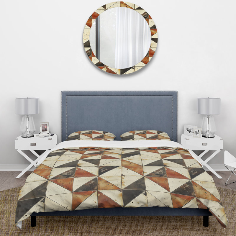 Ensemble de housse de couette à imprimé géométrique brun IV - Mid-Century, Housse de couette très grand + 2 taies décorativ