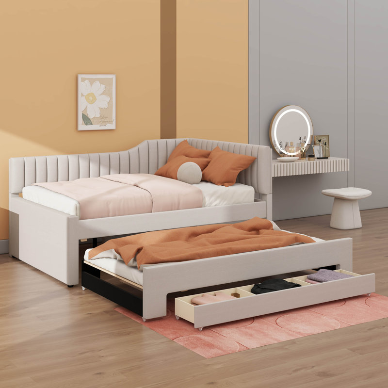 Softly-Padded Daybed Featuring A Roll-Out Trundle And  Roomy Drawers, Beige, Full/Double