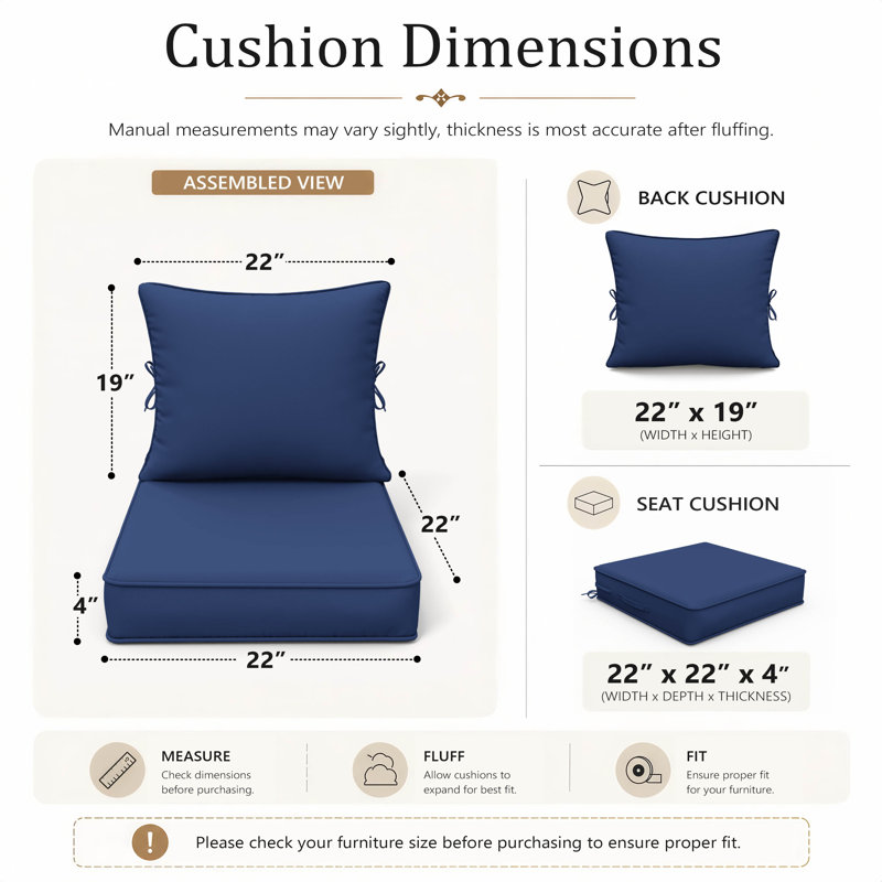 Coussins d'extérieur Braun 22x22x4 pour chaises de patio, coussins d'assise et de dossier pour intérieur/extérieur, coussins seulement (paquet de 2)