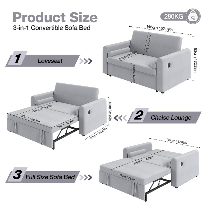 3 Seater Linen Sofa Bed, Light Grey Linen