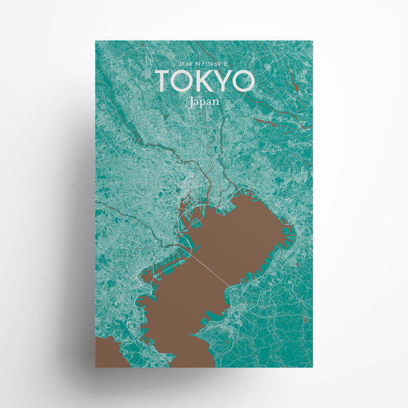 Carte de la ville de Tokyo, impression, H 36 po x l 24 po, Vert / brun