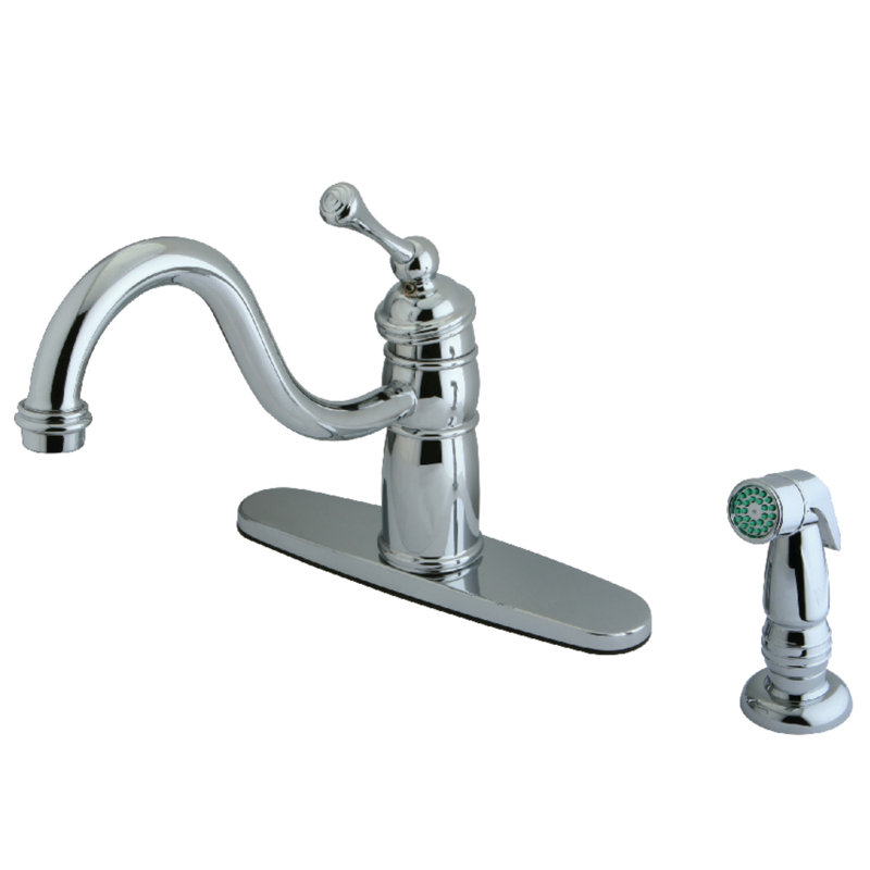 Victorian Mono Deck Mount Single Handle Kitchen Faucet with Side Spray, Polished Chrome