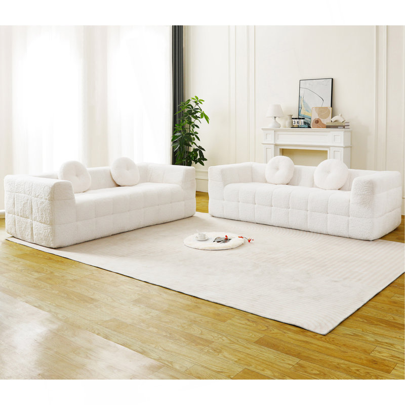 Canapé moderne sans os avec coussins décoratifs, tissu en polyester à poils longs texturé litchi doux pour la peau, tissu à carreaux