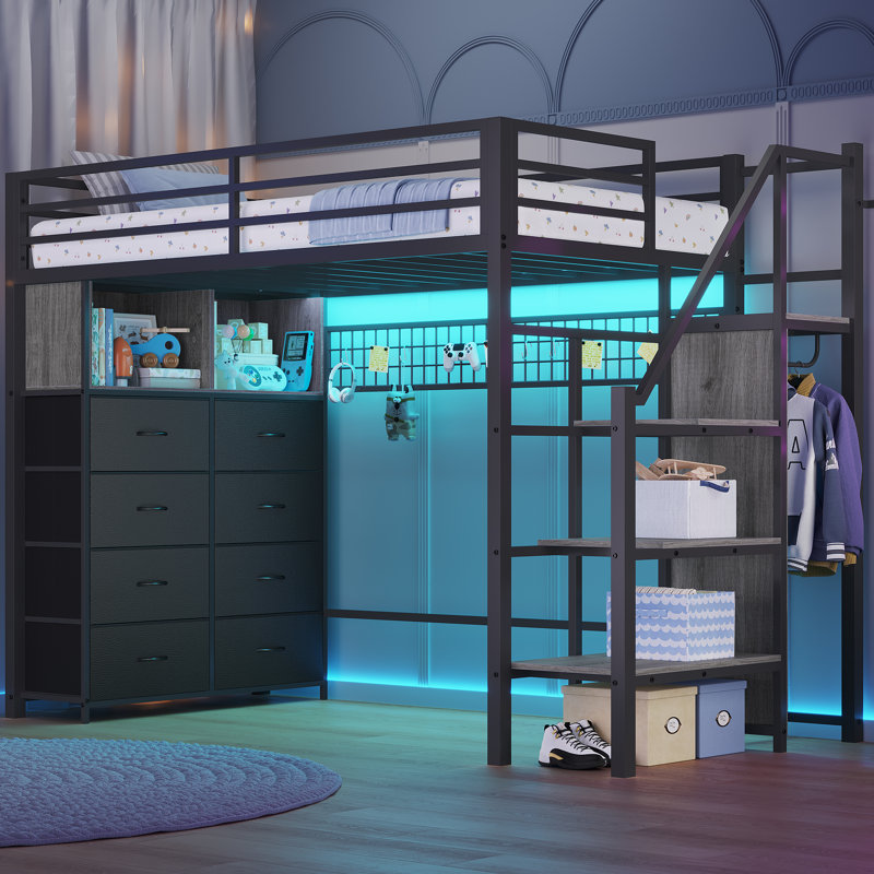 Twin Size Metal Loft Bed With Stairs, 8 Storage Drawers, Led Loft Bed With Storage Stairs, Gray