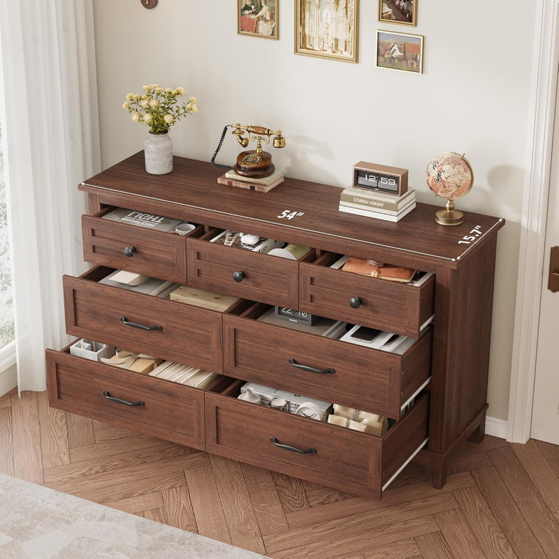 7 commodes pour la chambre à coucher, commode à tiroirs larges de 54 po avec rangement, commode en bois pour le salon, la chambre à coucher, le vestibule, noyer (2 colis)