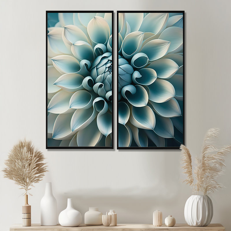 Bleu, blanc, fleurs de dahlia I - grand art mural dahlia 2 pièces, 40'' H x 40'' W, Impression encadrée flottante, Black