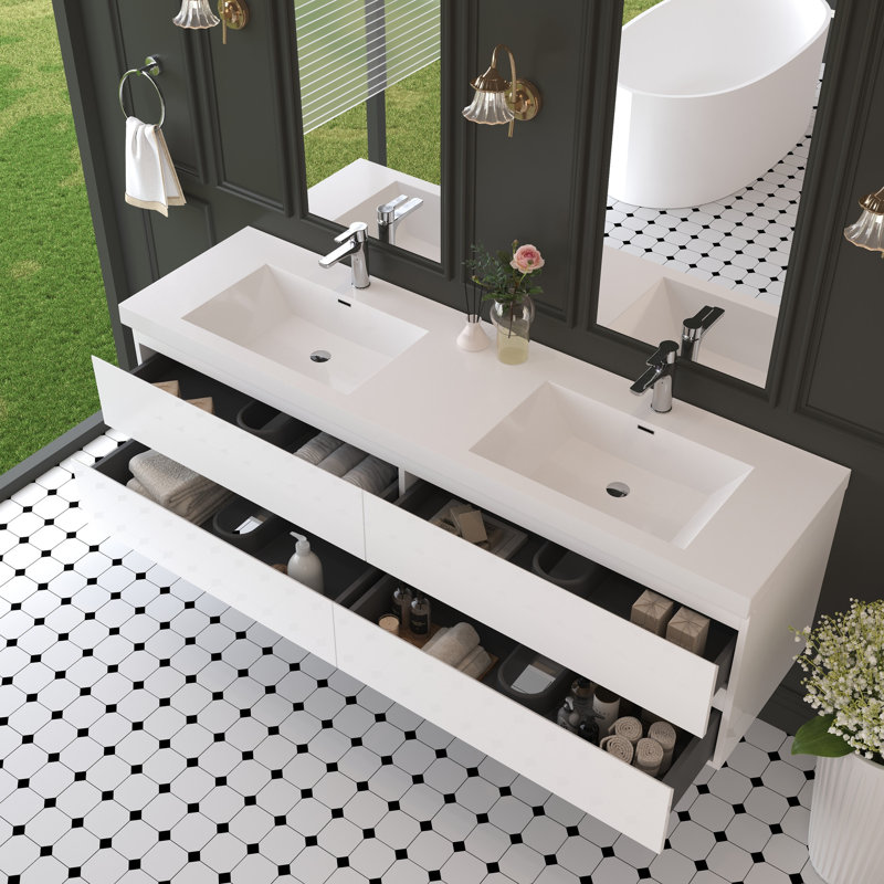 Meuble-lavabo flottant 72 po avec lavabo 72 po, blanc brillant, rangement moderne, lavabo à surface solide, 4 tiroirs à fermeture en douceur, comptoir en résine, assemblage facile, bois, armoire à cosmétiques