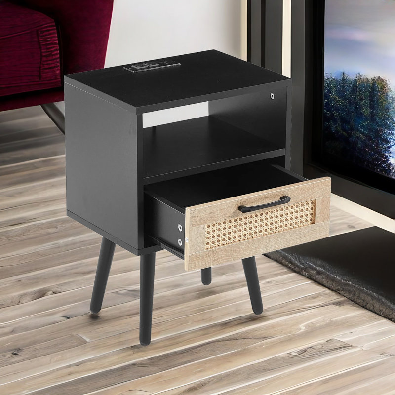 Okawville Rattan Nightstand with Drawer Bed Side Table Modern Nightstand Bedroom End Tables, Black Incorrect