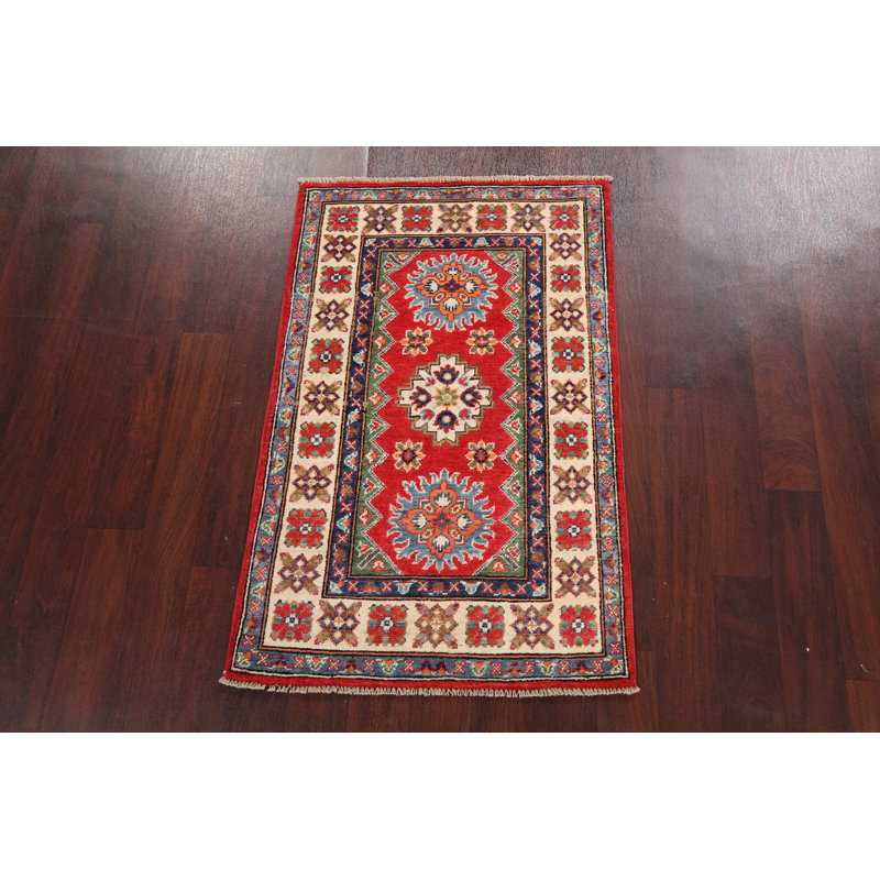 Tapis rouge en laine noué à la main de conception unique 2 pi 8 po x 4 pi 3 po