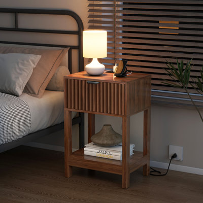 Nightstand Set Of 2 With Charging Station, Wood Bed Side Table Set With Drawer & Open Shelf For Bedroom, Nature