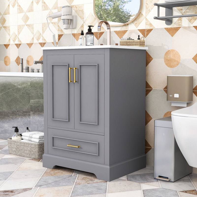 Compact Bathroom Vanity with Ceramic Sink, Drawer and Storage Cabinet, Grey