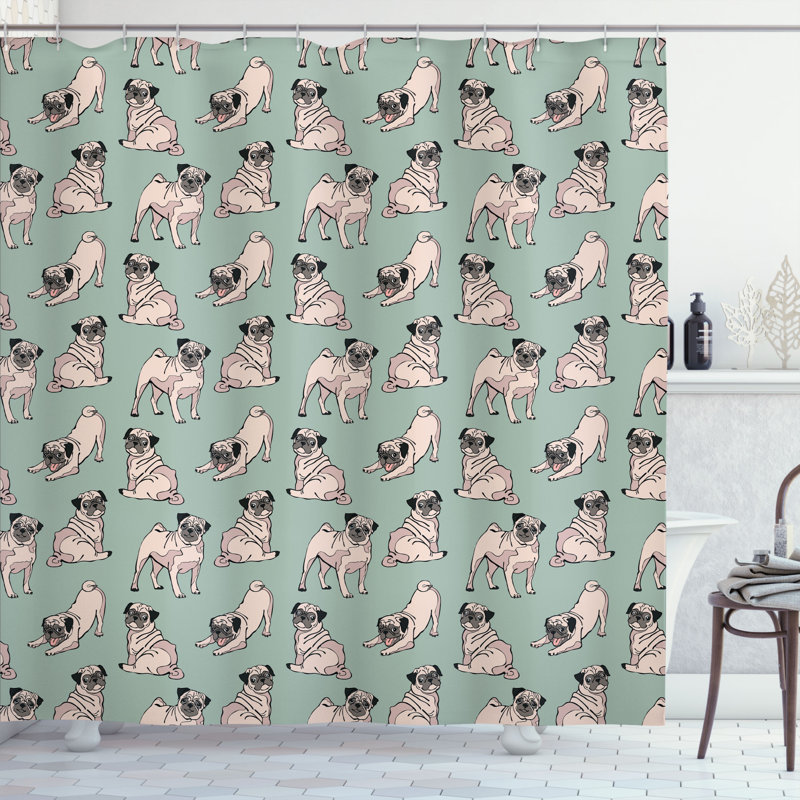 Ensemble de rideau de douche Pug + crochets, H 75 po x l 69 po
