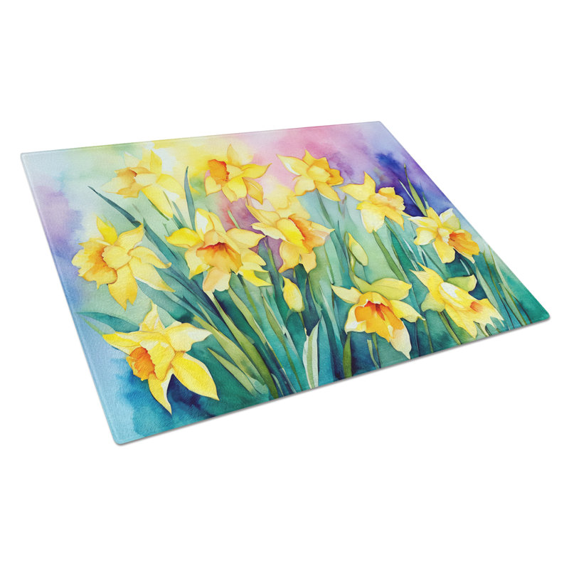 Grandes jonquilles dans une planche à découper en verre aquarelle