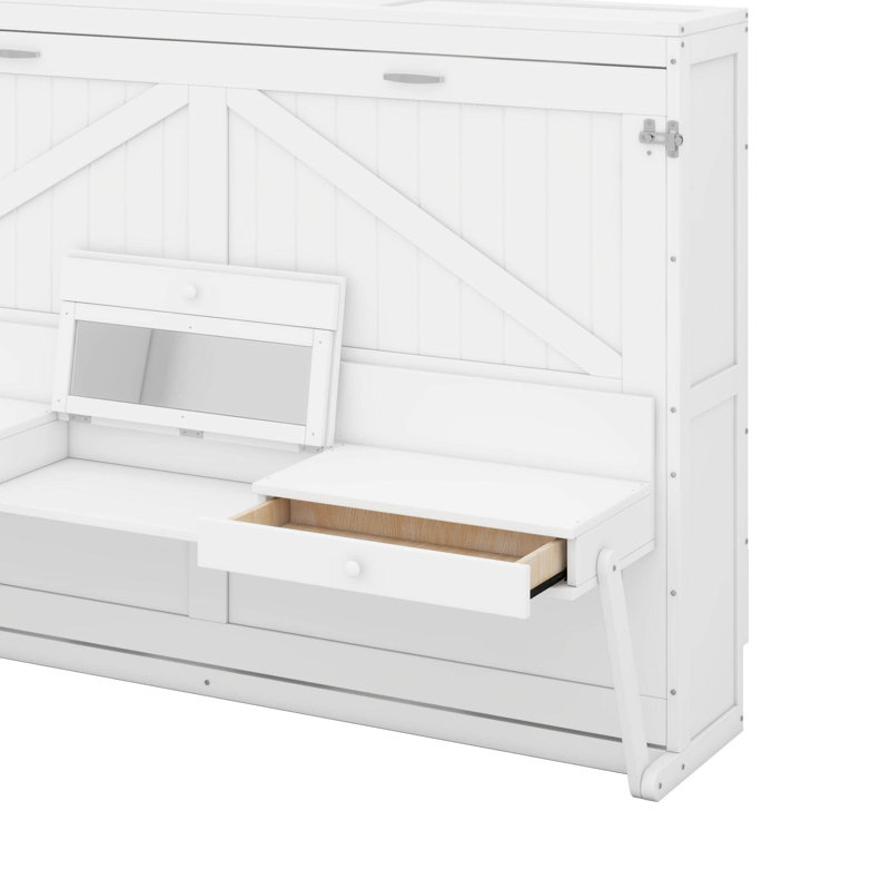 Grand lit escamotable avec rangement, armoire-lit pliable avec coiffeuse, miroir central et 2 tiroirs latéraux, Blanc