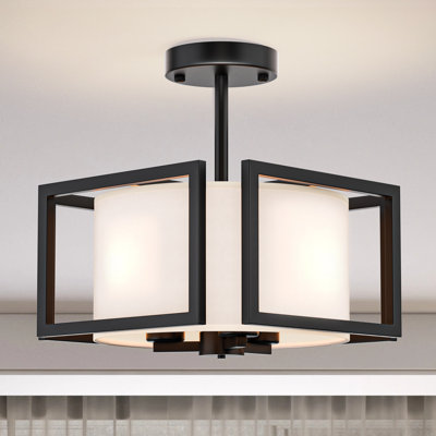 3-Light 13" Modern Pendant Light Linen Fabric Drum Chandelier with Black Fixture for Living Bedroom Hallway