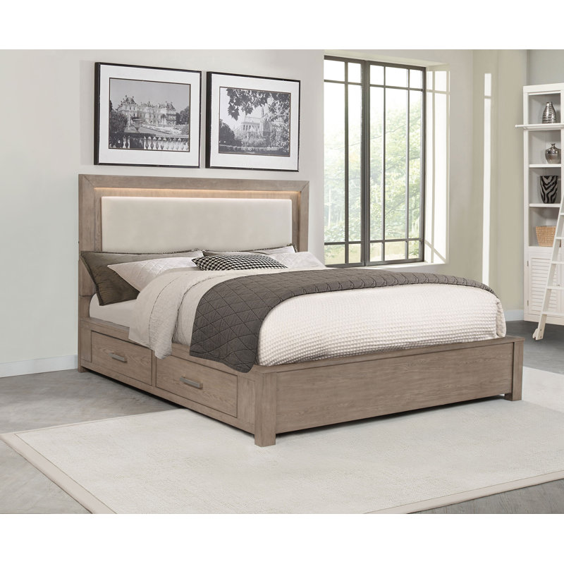 Gursevak California King Storage Bed with 4 Drawers, Upholstered Headboard and Touch LED Lighting, Barley Brown
