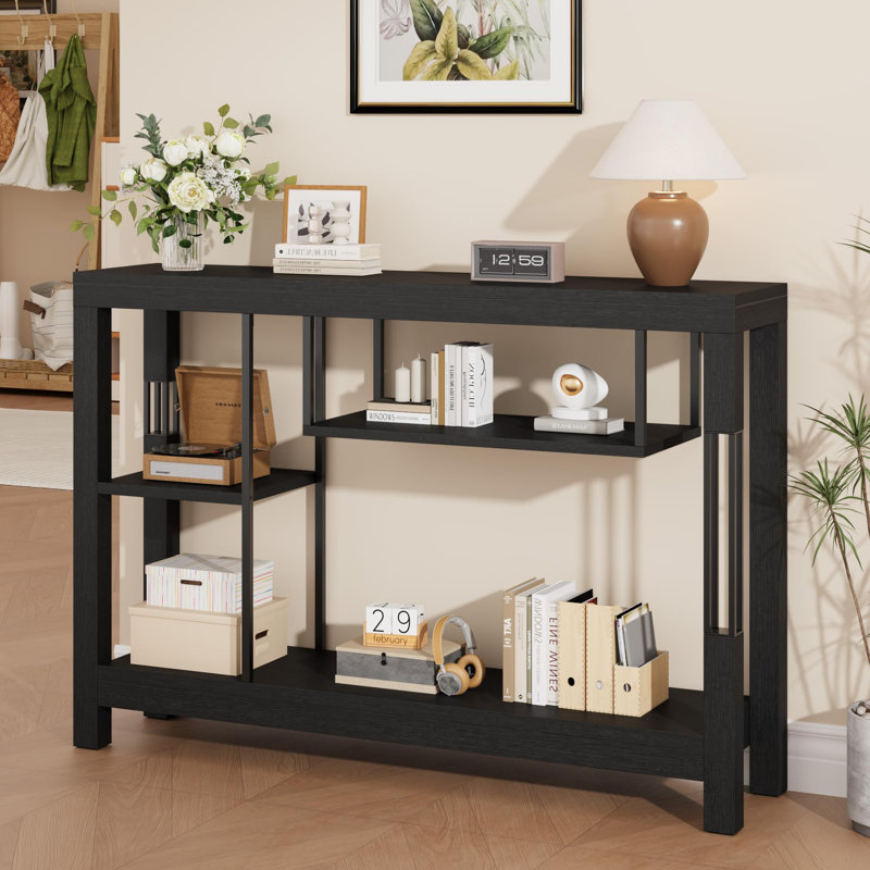 Console de 47,2 po, table d'appoint industrielle à plusieurs niveaux avec tablettes de rangement ouvertes, table d'entrée étroite pour petits espaces, salon, couloir, noir