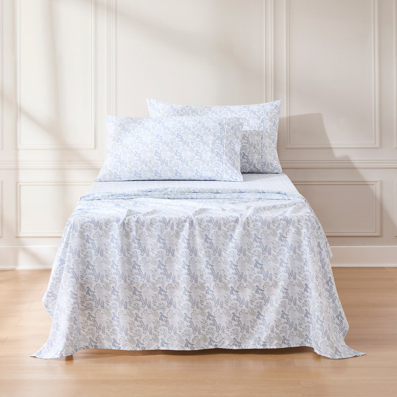 Botanical Leaf and Floral Blue Sheet Set, Twin Extra Long Sheet Set with 3 Additional Pieces