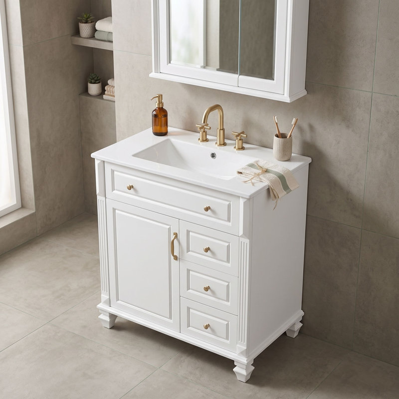 Meuble-lavabo autoportant avec lavabo en céramique, tiroir escamotable, rangement réglable et support de porte, White