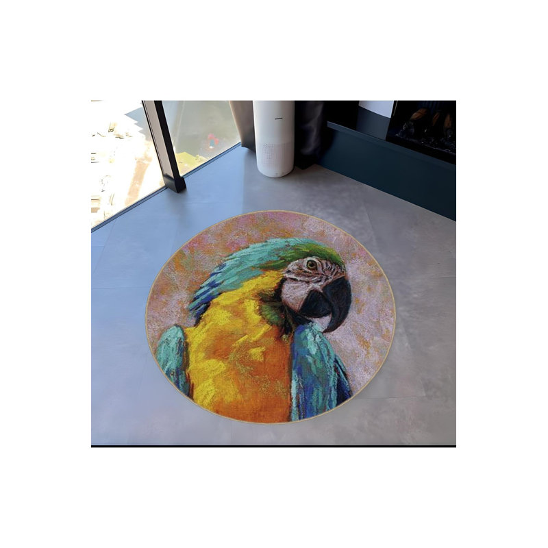 Tapis rond jaune tissé à motif de perroquet lavable à la machine, Sous-tapis rond 3 pi 3 po inclus
