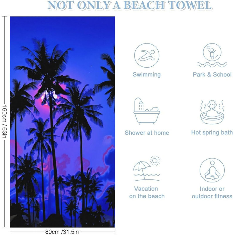 Night Tropical Sand Free Beach Towel 60"x80", Quick Dry Lightweight Absorbent Travel Towels for Adults Gym Camping Swim Pool