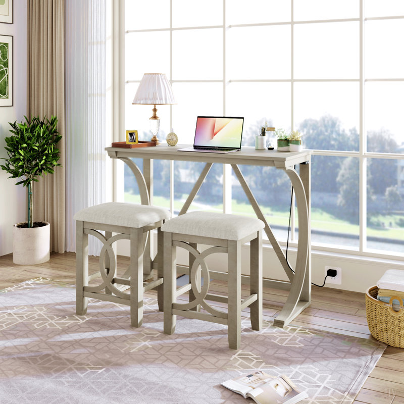 Ensemble de table de salle à manger à hauteur de comptoir 3 pièces Farmhouse avec port USB et tabourets rembourrés, Blanc