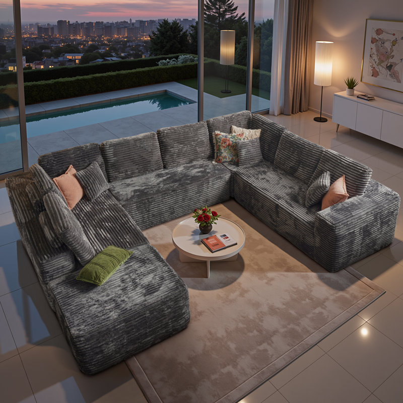 Canapé modulaire en tissu de velours côtelé Cloudie avec méridienne en U avec coussins Koyu, canapé modulaire moderne avec assise profonde, canapé rembourré désossé pour la chambre à coucher, aucun assemblage requis