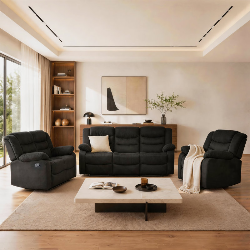 Ensemble de salon inclinable 3 pièces en suède moderne, Noir