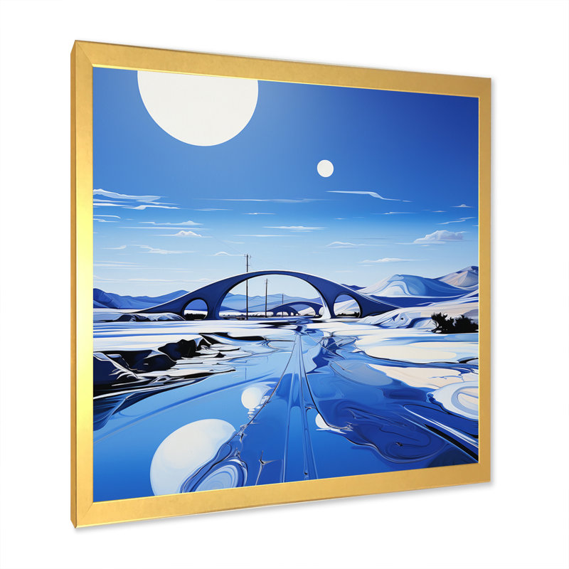 Pont bleu moderne, paysage II - impression, H 30 po x l 30 po x P 1 po, Encadrement doré