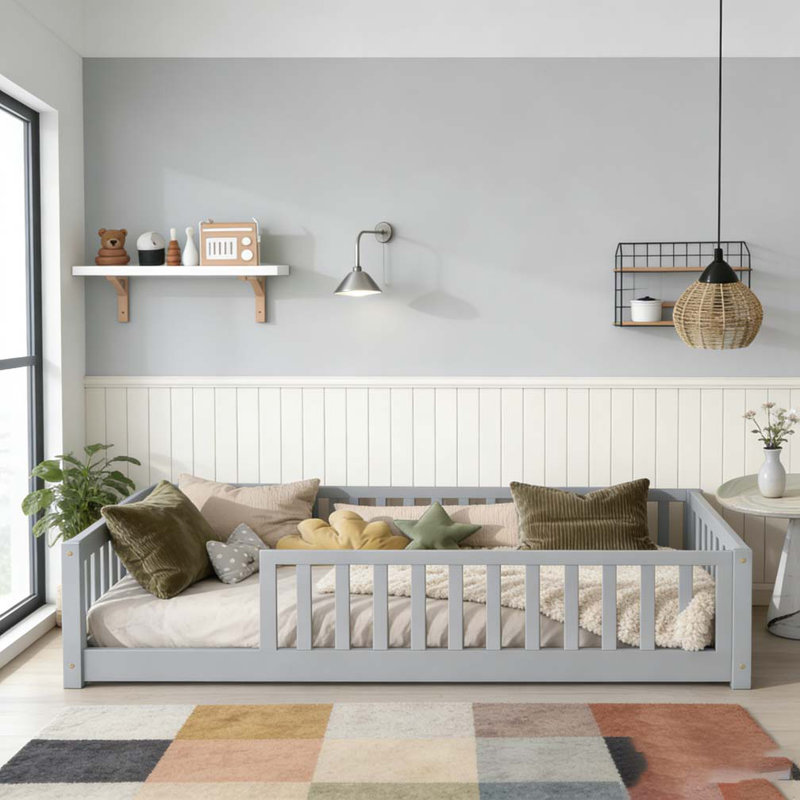 Lit de plancher avec clôture sans porte, lit de plancher en bois d'hévéa avec barrières de sécurité, Gris
