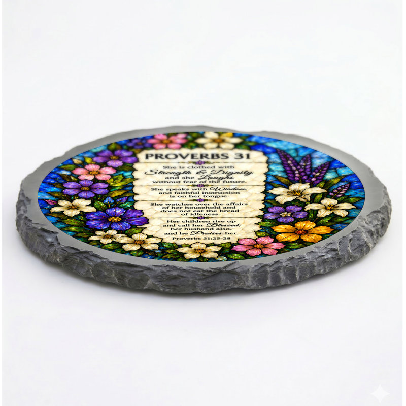 STEPPING STONE - Stained Glass LOOK PROVERBS 31 VERSE STONE GRAY