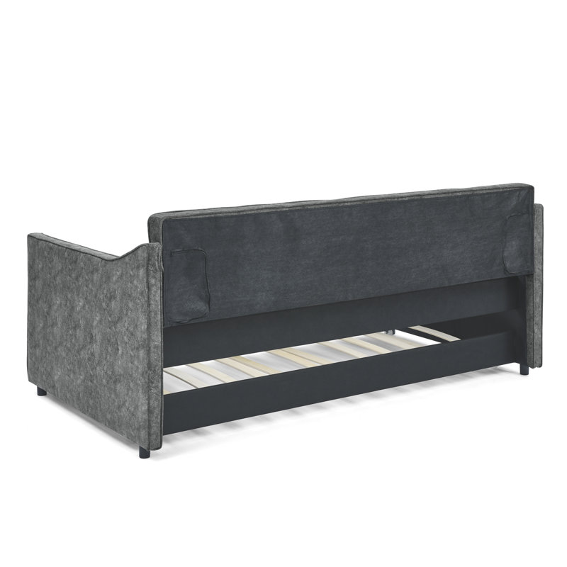 Lit de jour simple avec canapé-lit capitonné de taille simple et accoudoirs ondulés, Gris
