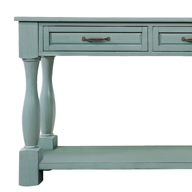 Retro Green Solid Wood Console Table with Storage Drawers and Shelf