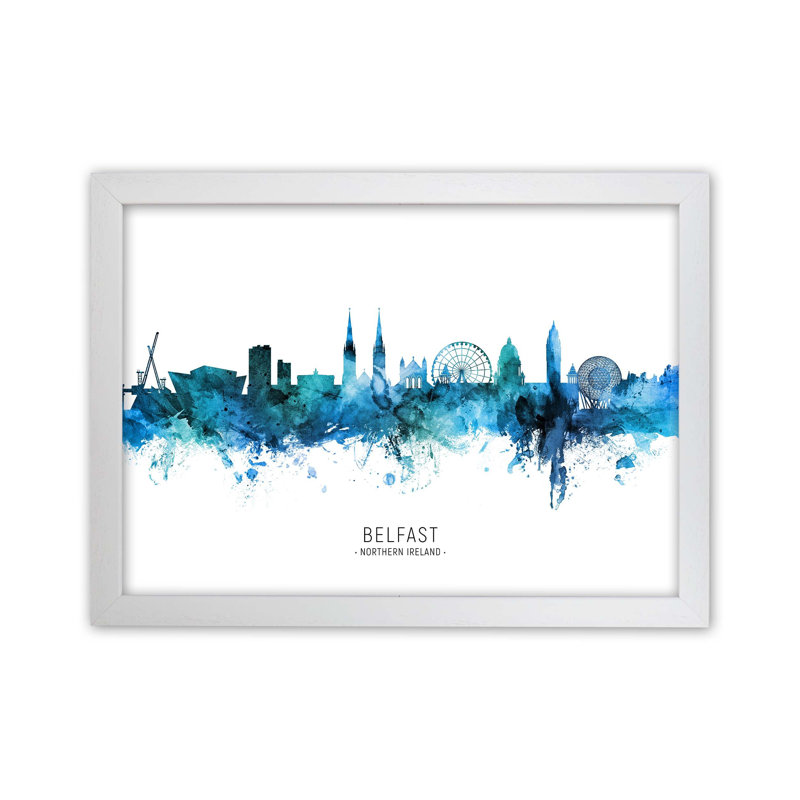 Belfast Northern Ireland Skyline Blue City Name by Michael Tompsett - Print, 25cm H x 34cm W x 3cm D, White Framed