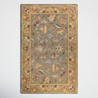 Evers Floral Handmade Tufted Wool Gray/Yellow/Red Area Rug