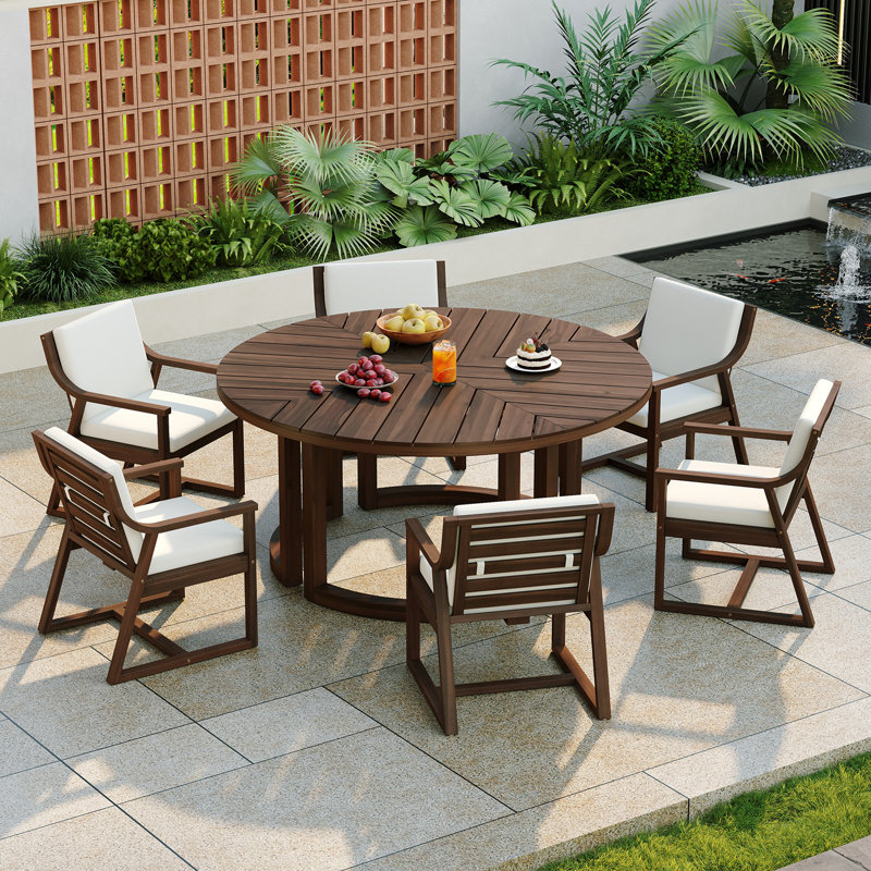 Ensemble repas d'extérieur 7 pièces avec 6 chaises et table ronde, Moka
