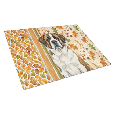 Brindle and White Saint Bernard Heirloom Fall Glass Cutting Board