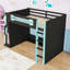 Lit mezzanine double en bois avec bande lumineuse, bureau intégré et tablettes-385829435