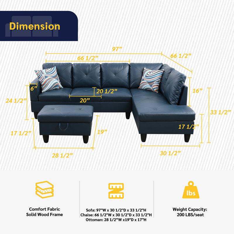 Andelina Faux Leather L-Shaped Sectional, Right Hand Facing, Blue Faux Leather