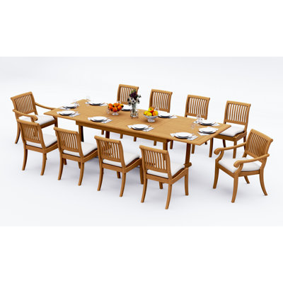  Ensemble de salle à manger 9 pièces en bois de teck de qualité A: table de chevet rectangulaire à double tréteaux à rallonge de 118 po et chaises empilables Appel (2 chaises et 6 chaises sans accoudoirs) # 11AB2502