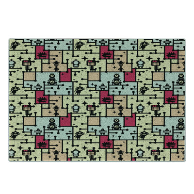 Ambesonne Space Tempered Glass Cutting Board Robots on Grid Squares Multicolor