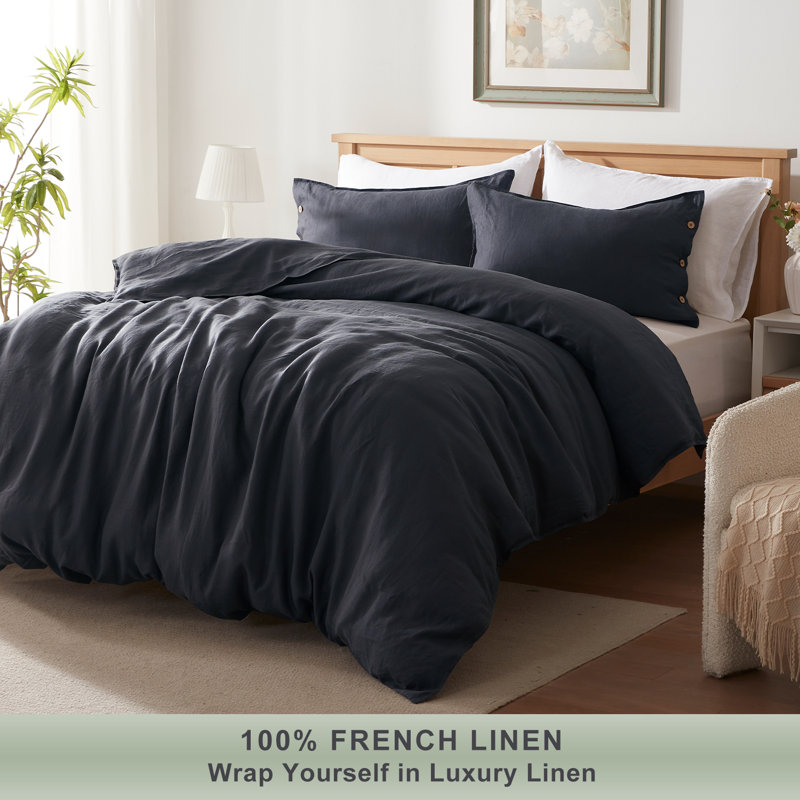 TOSMO 100% Linen Duvet Cover Set with Button Closure,Soft Breathable Durable Farmhouse Bedding, Charcoal Grey